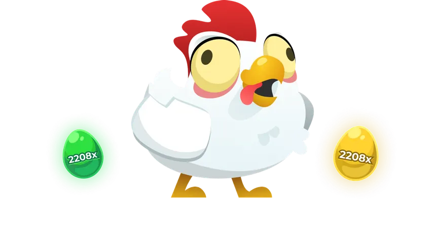 Das Huhn aus Chicken Road zwischen einem grünen und einem goldenen Ei